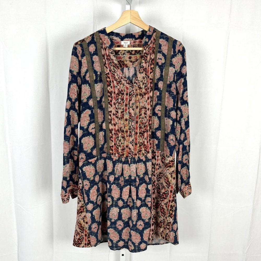 Anthropologie Blue and Pink Long Sleeve Dress